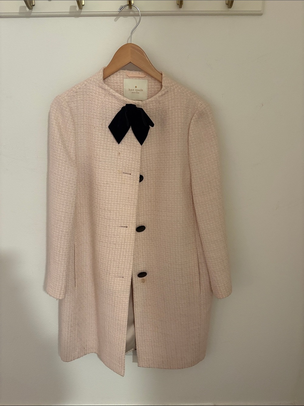 kate spade Blush Pink Tweed Coat with Black Bow